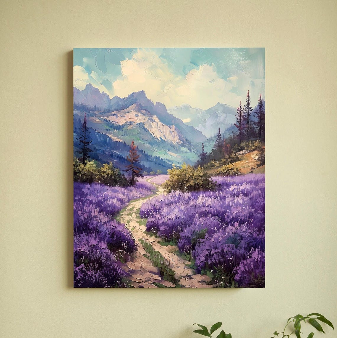 Lavender Field Winding Path Purple Blooms Mountain View Sunny Poster