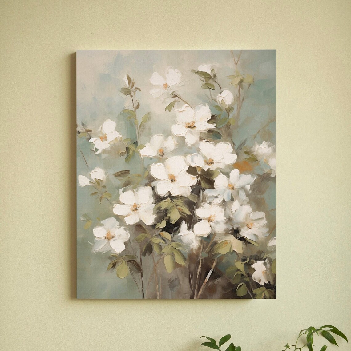 White Wild Roses Soft Sage Neutral Botanical Floral Painting Poster