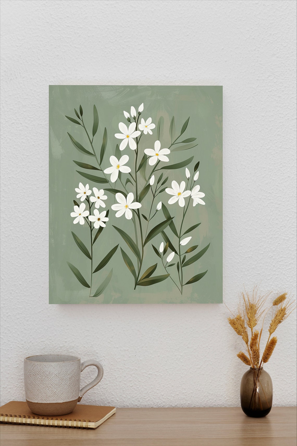 Sage Green Botanical Poster with White Wildflowers Minimalist Design - Image 2