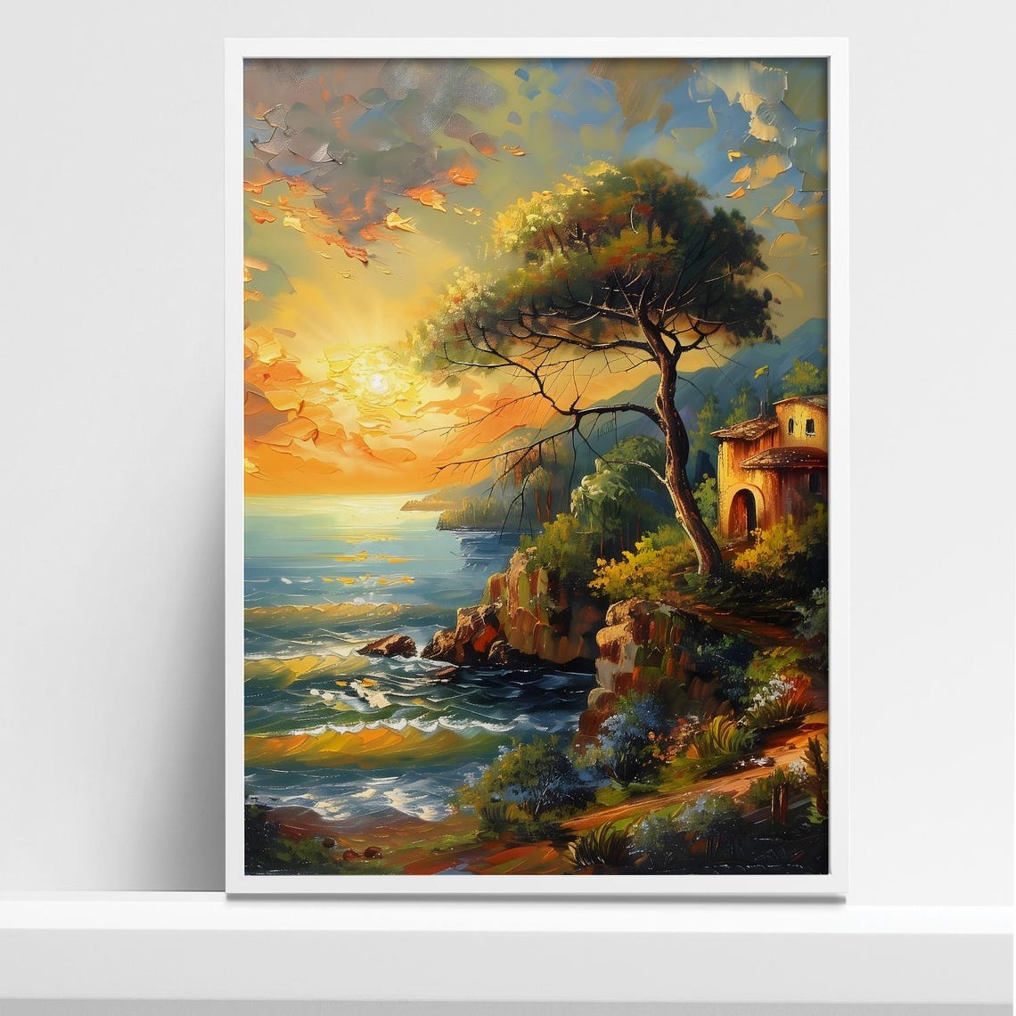 Mediterranean Sunset Over the Sea With Cliffside Villa Poster