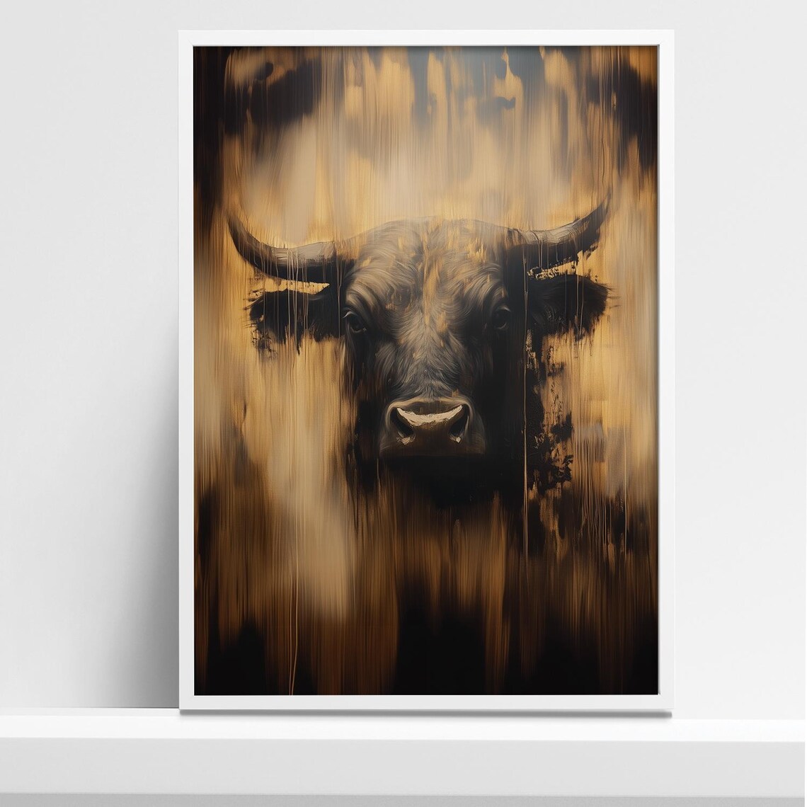 Abstract Bull Head Oil Painting Style in Gold and Black Poster
