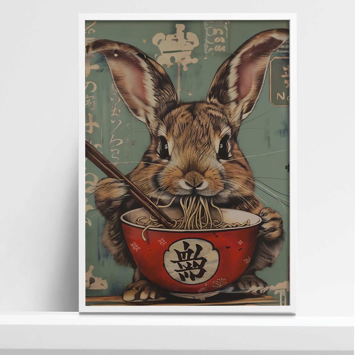 Cute Bunny Eating Ramen Poster, Kawaii Animal Art Print