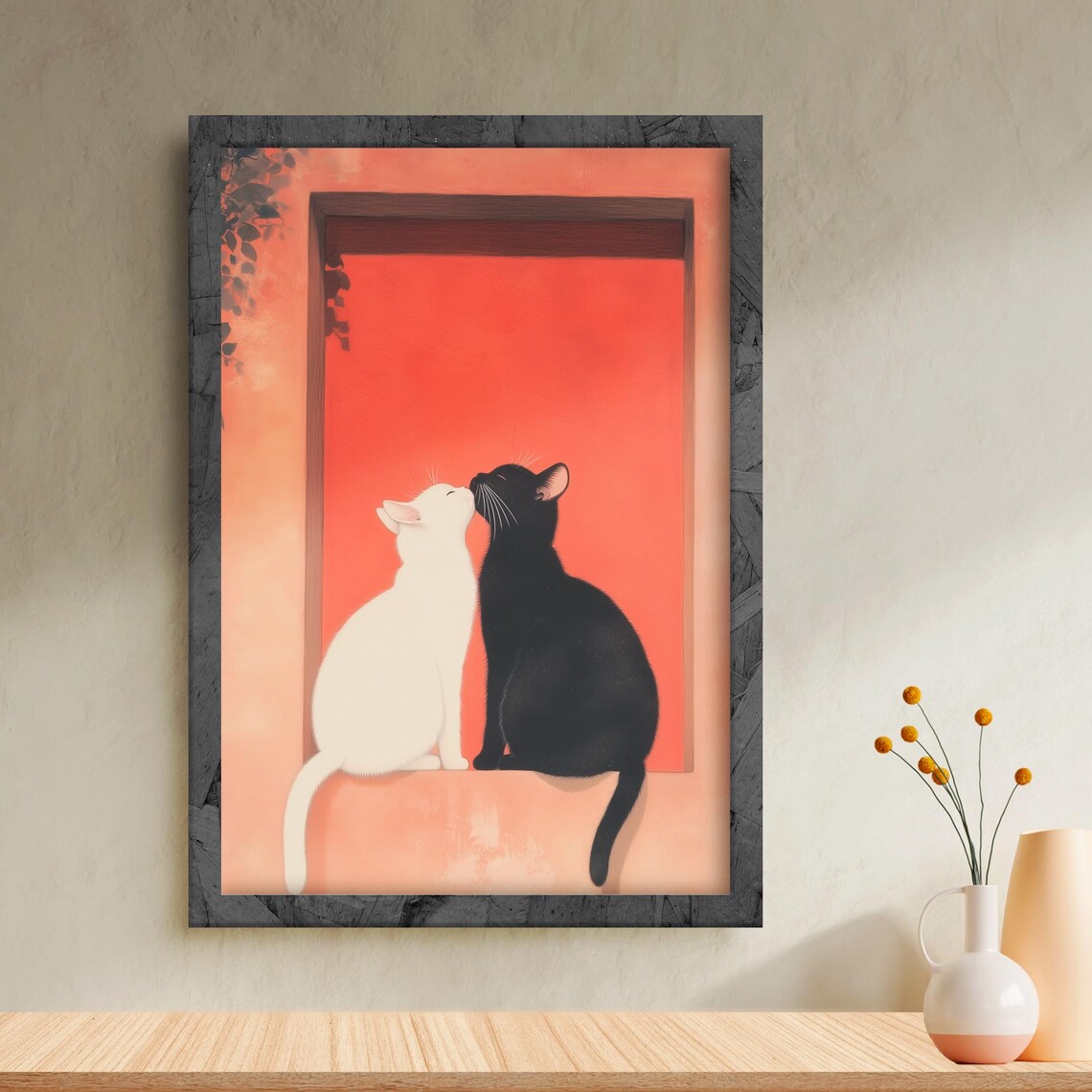White And Black Cats In Love Art Print, Minimalist - Image 2