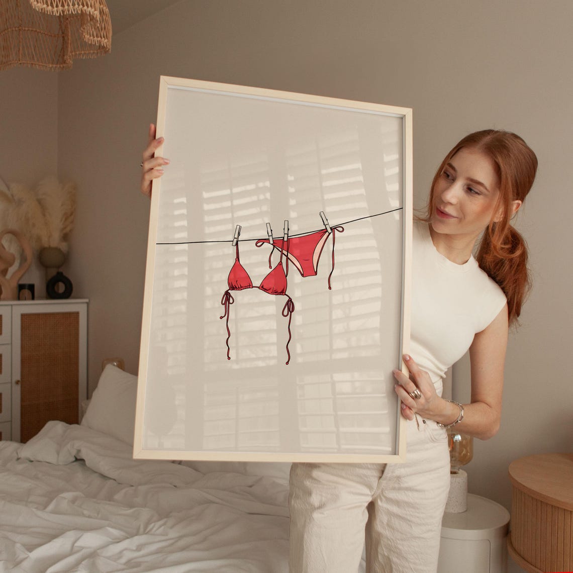 Red Bikini Clothesline Warm Coastal Summer Minimal Art Poster - Image 2