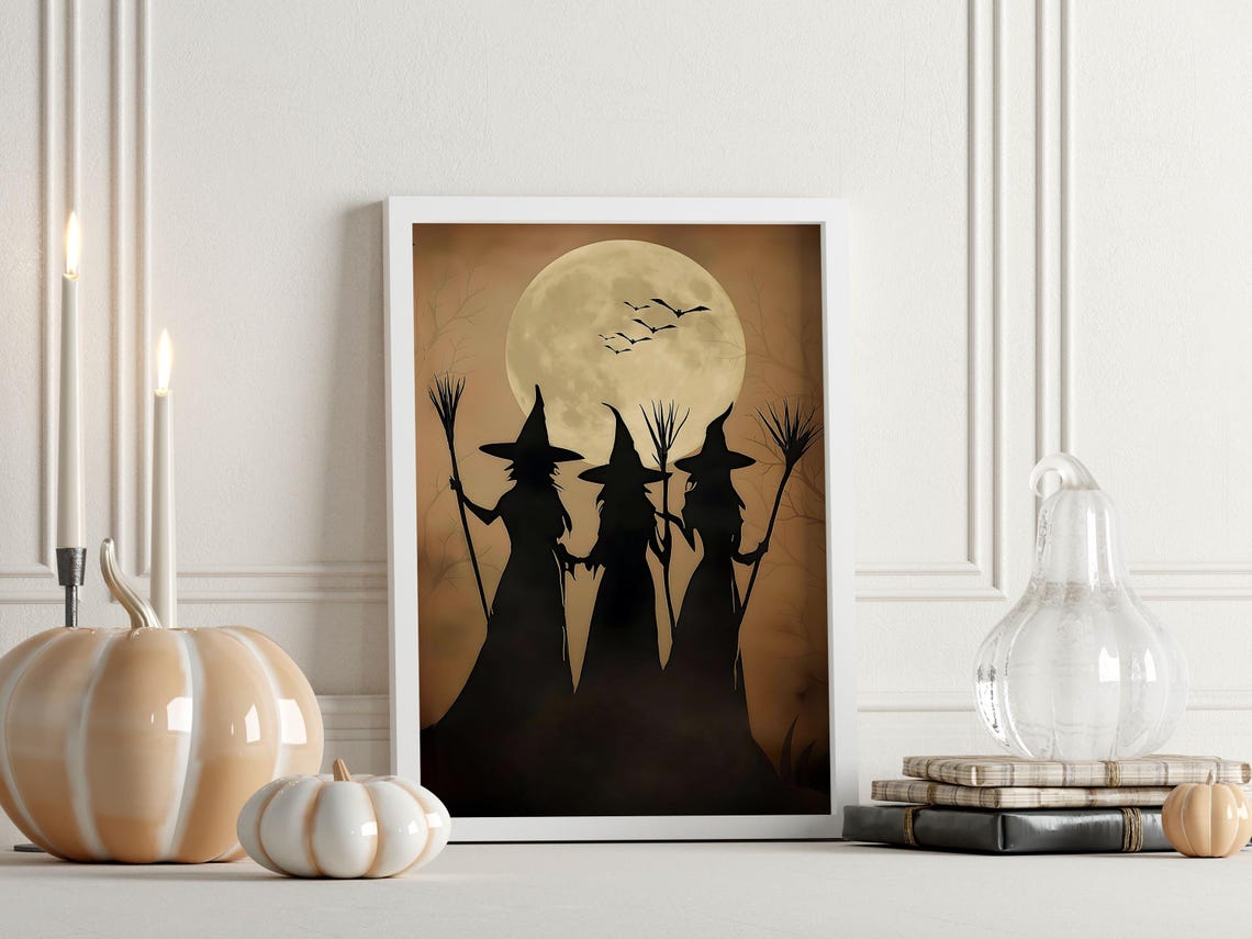 Three Witches Silhouette Full Moon Bats Vintage Halloween Poster - Image 2