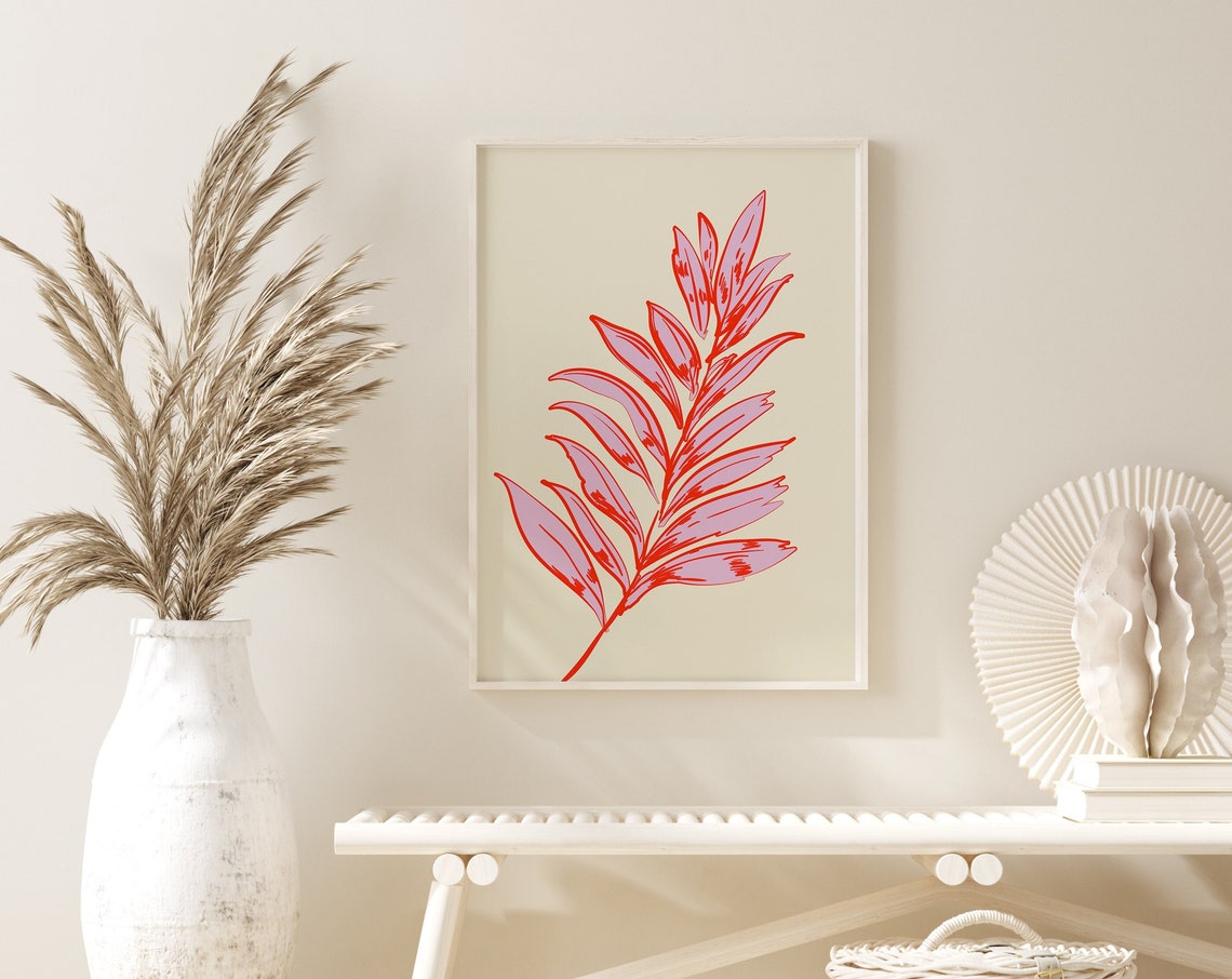Red and Pink Tropical Palm Leaf Botanical Illustration Poster