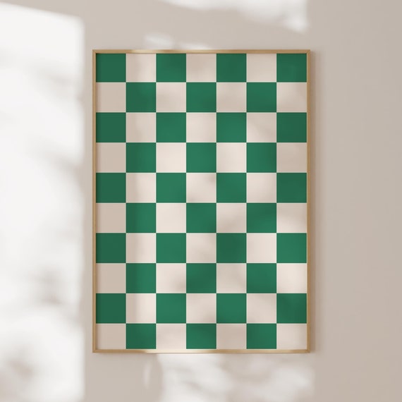 Retro Checkered Print Wall Decor Cute Prints Art Trendy 70s Sage Green