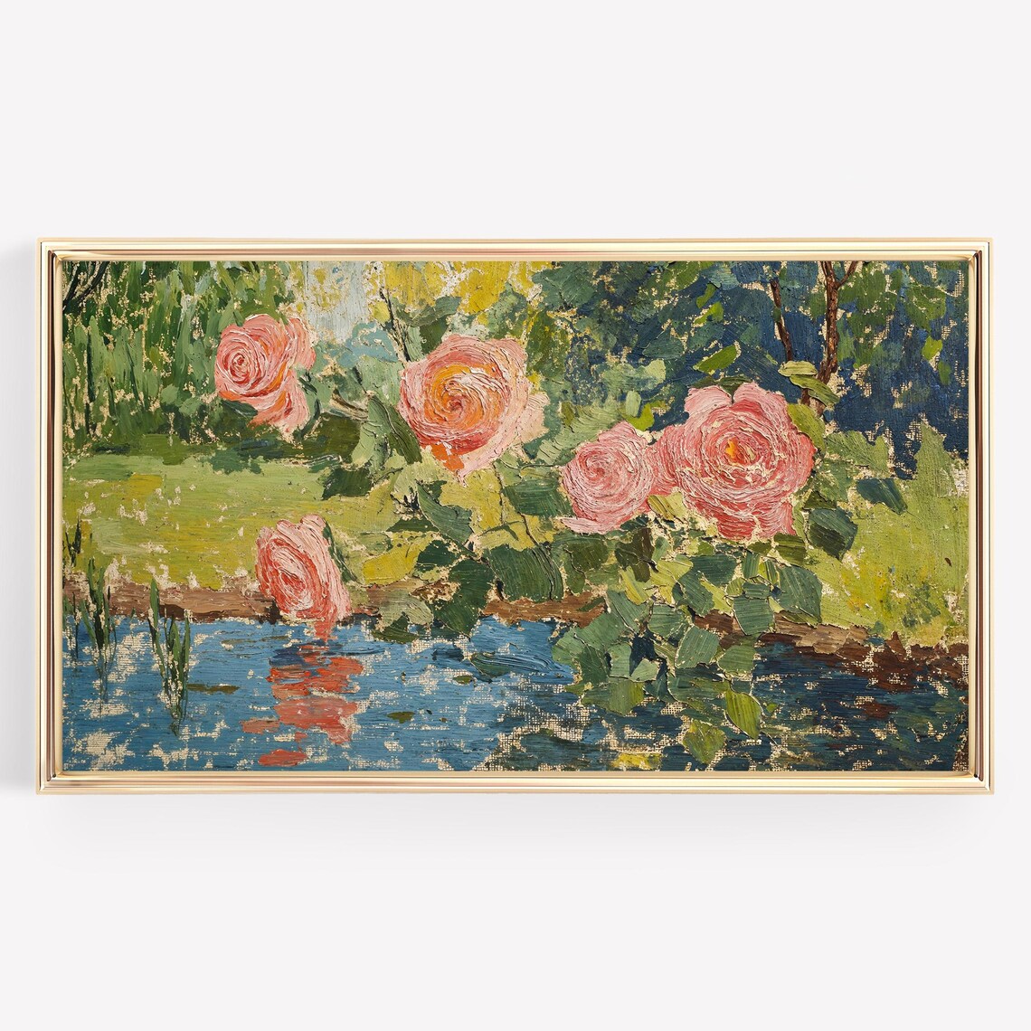 Pink Roses Over Water Vintage Textured Garden Oil Painting Poster - Image 4