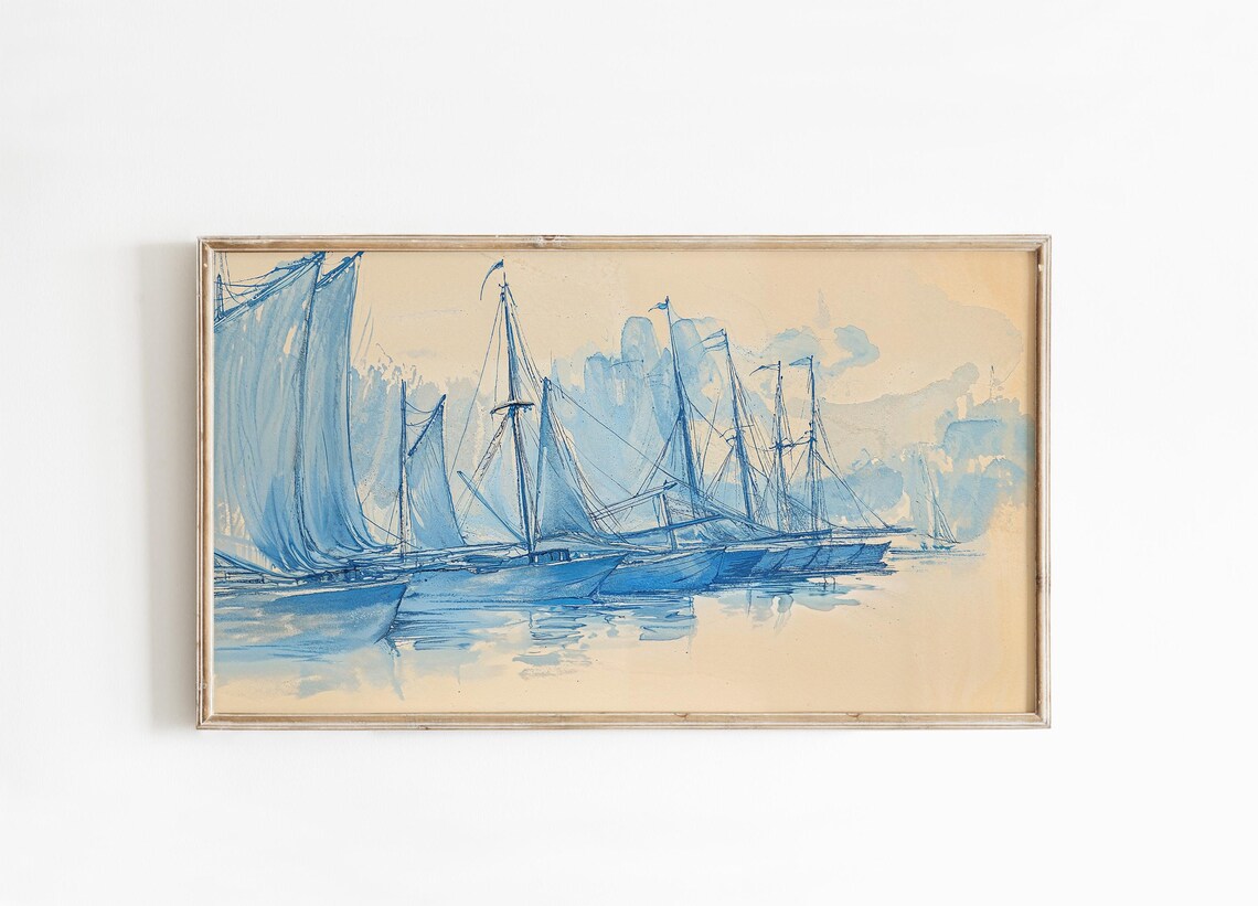 Blue Sailboats Coastal Watercolor Nautical Seascape Decor Poster - Image 4
