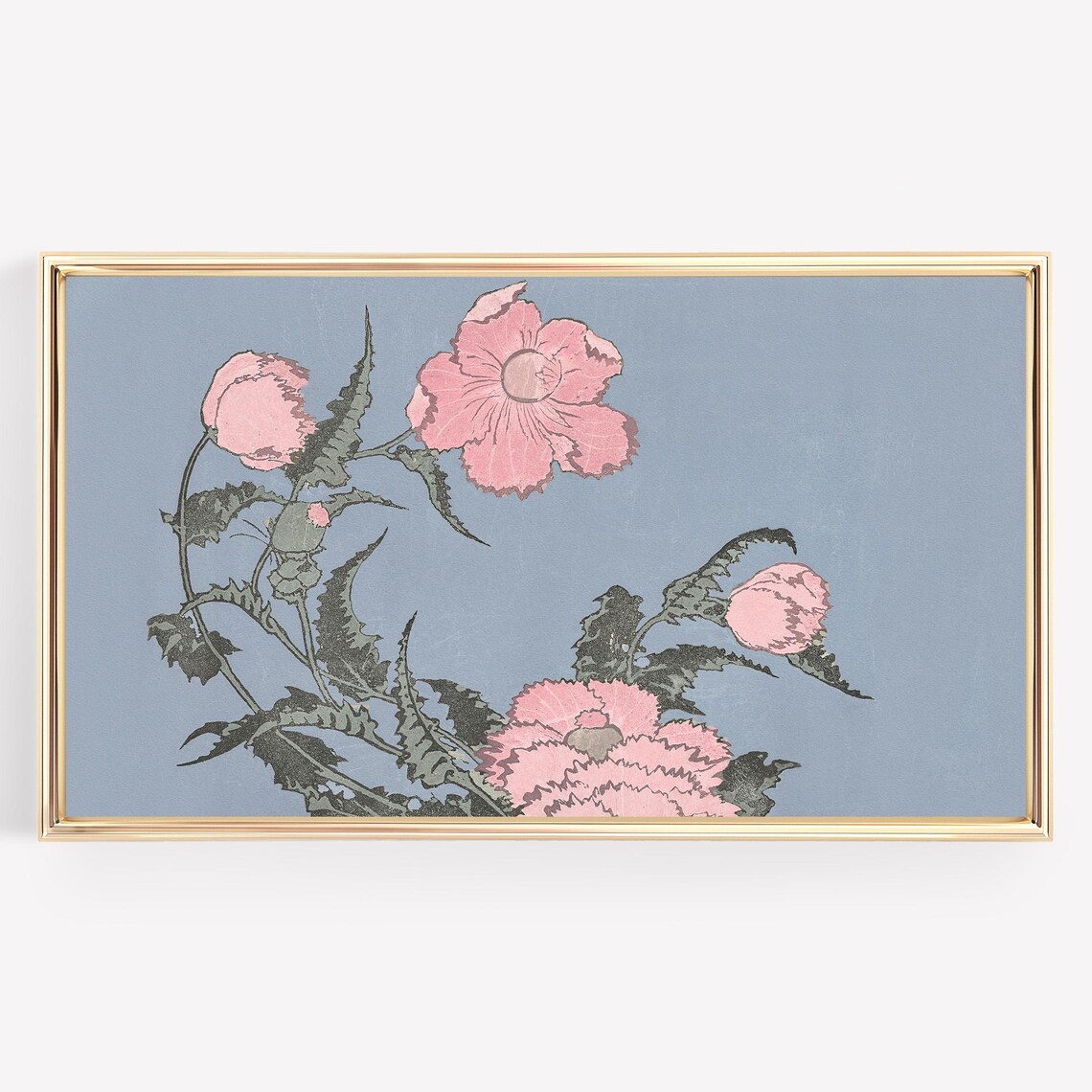 Pink Poppies Japanese Woodblock Floral Dusty Blue Botanical Wall Art - Image 3