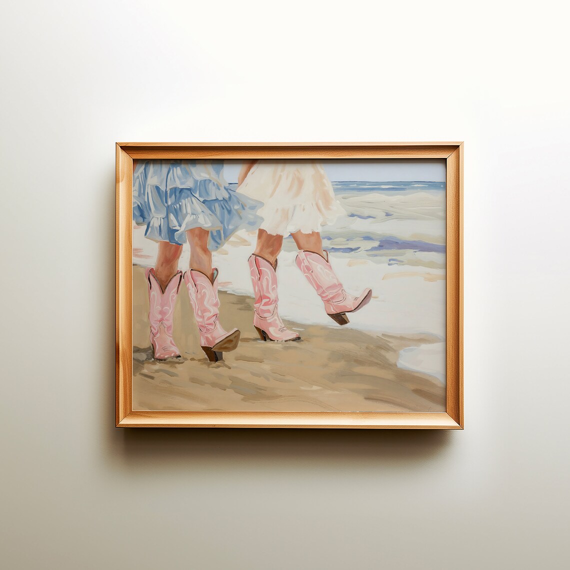 Two Coastal Cowgirls Walking the Beach in Pink Boots Art Poster