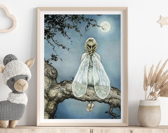 Vintage Fairy Moon Illustration Forest For Nursery Print Art Fairytale Kids Room Poster Tale Girls
