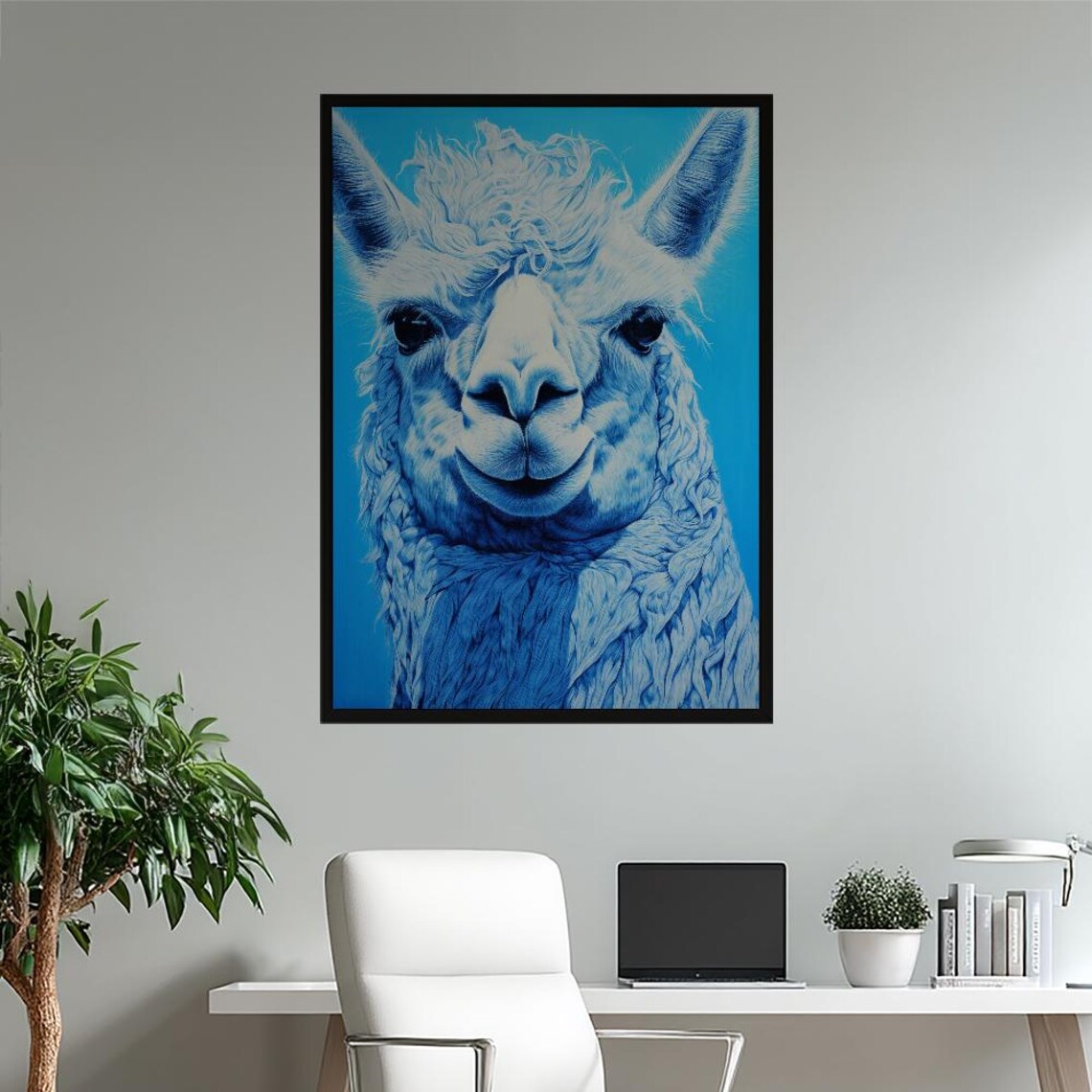 Blue Monochrome Alpaca Portrait Detailed Fluffy Animal Face Poster