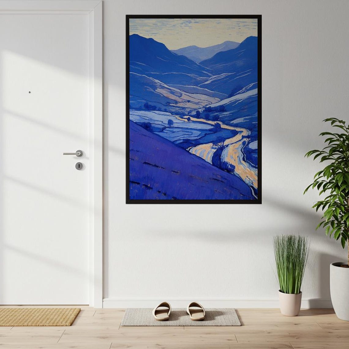 Serene Blue Mountain Valley Winding River Abstract Landscape Poster