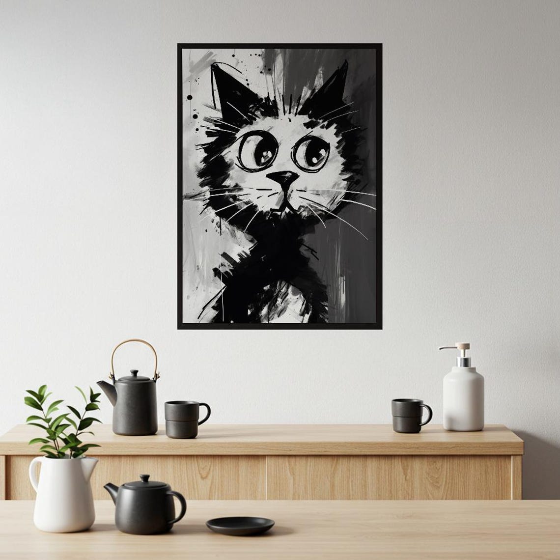 Expressive Black and White Cat Ink Painting Quirky Art Poster