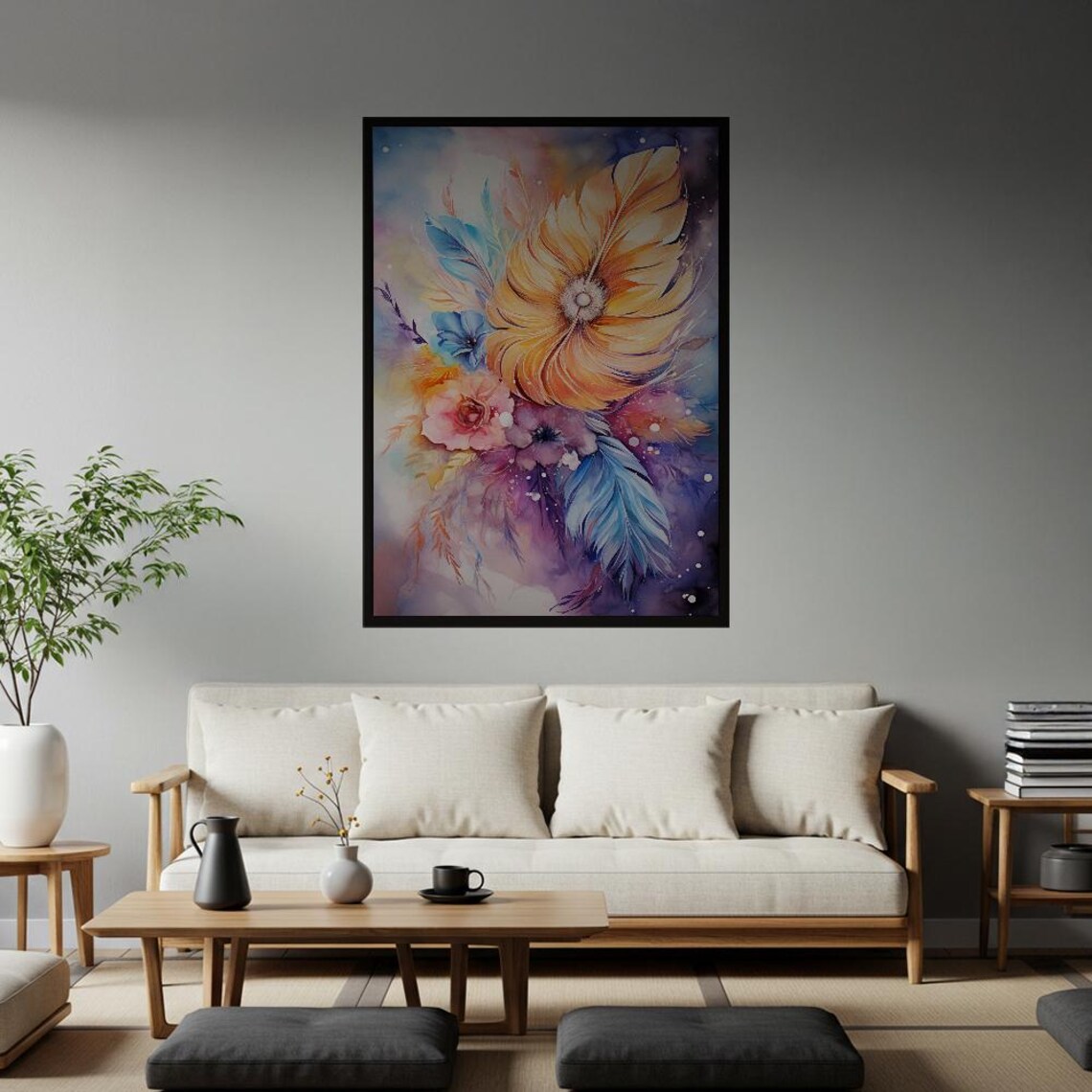 Colorful Watercolor Feathers Floral Bohemian Dreamy Wall Poster