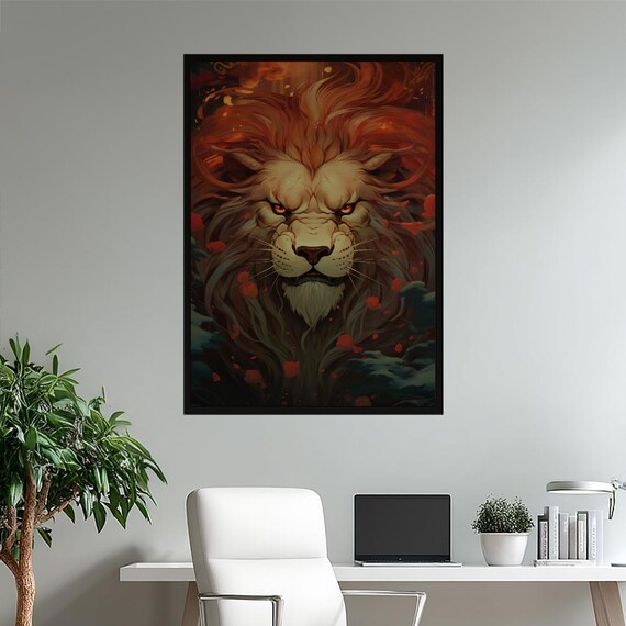 Majestic Fiery Lion Wall Art Poster Powerful Regal Animal Print Dramatic Fantasy Painting For Home Office Living Room Decor