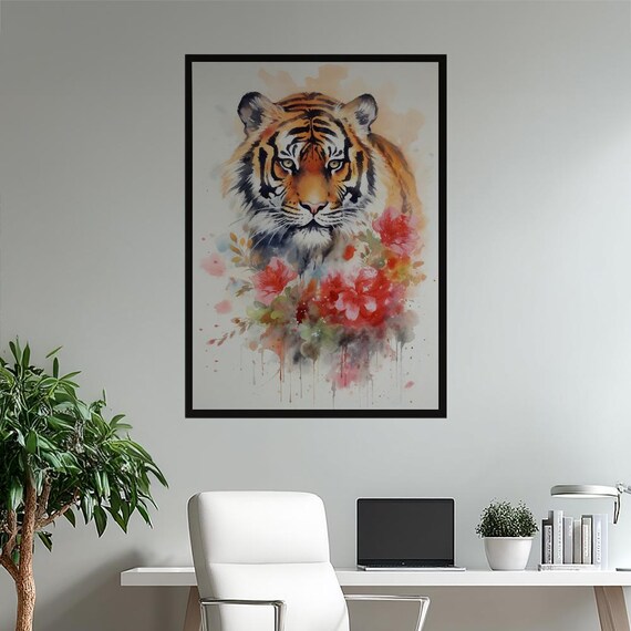 Watercolor Tiger With Red Floral Accents Majestic Big Cat Poster