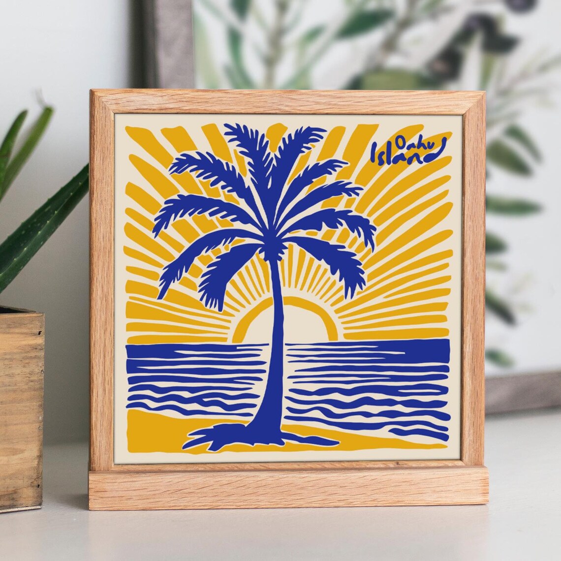 Oahu Island Cobalt Palm Tree Sunset Beach Square Graphic Art Poster