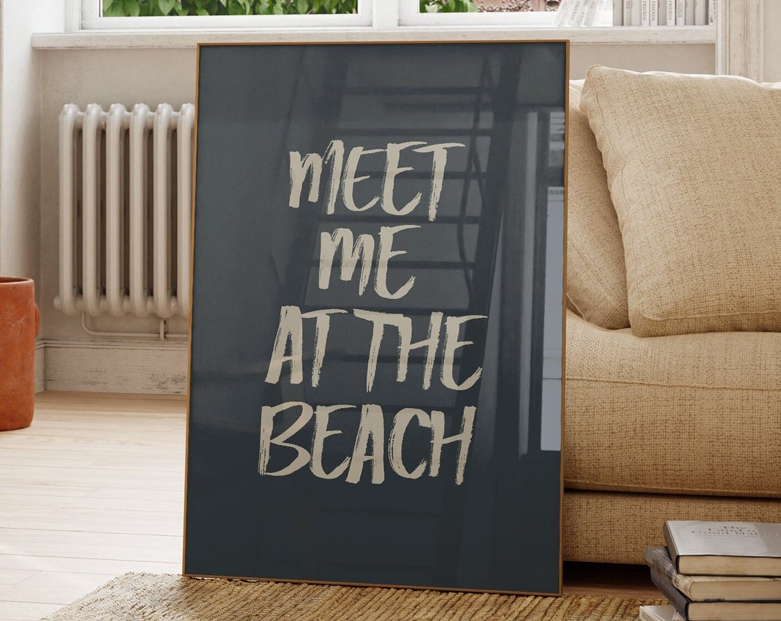 Meet Me At The Beach Cream Brush Script Charcoal Art Wall Poster