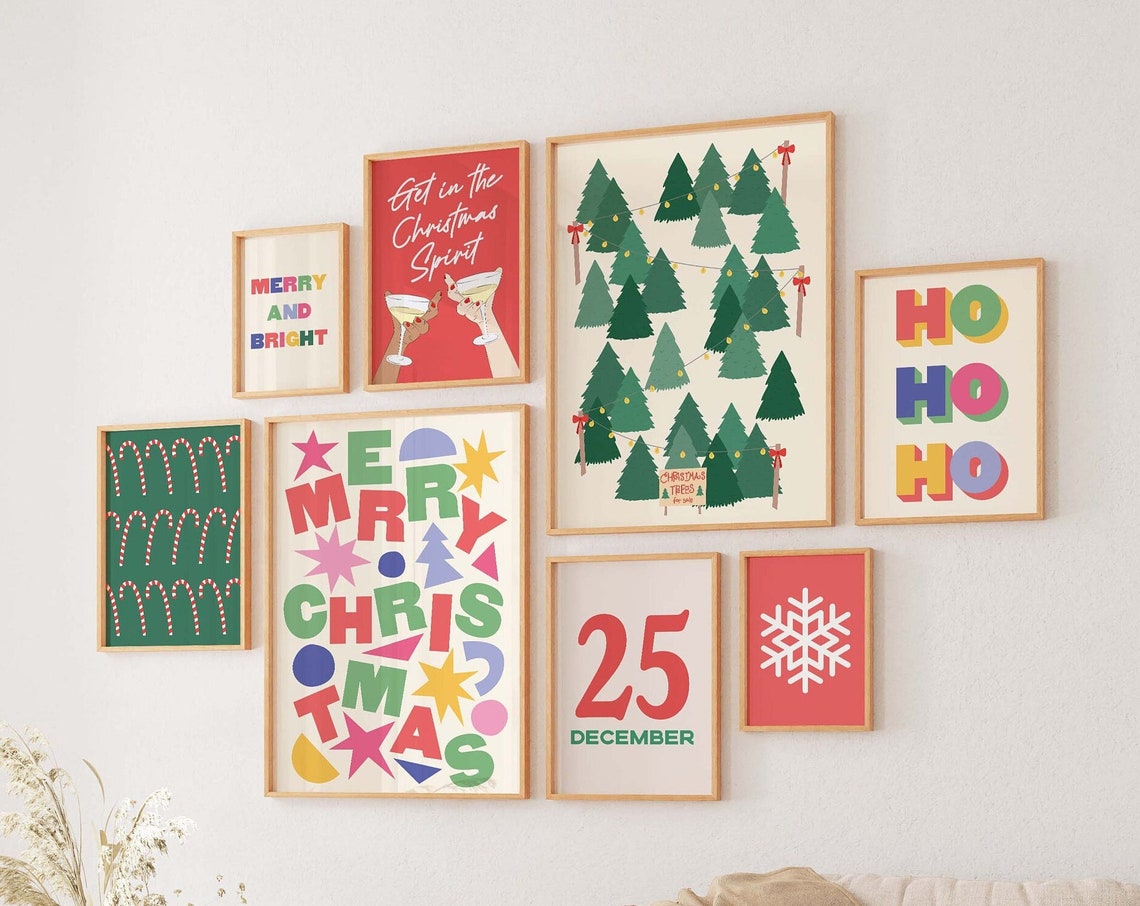 Ten Piece Christmas Gallery Wall Set Retro Tree Farm Cute Poster