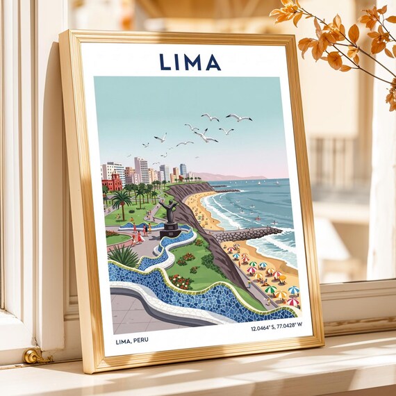 Lima Coastal Cityscape Poster Vintage Gouache Travel Print