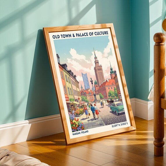 Warsaw Old Town Poster Vintage Gouache European Cityscape Art