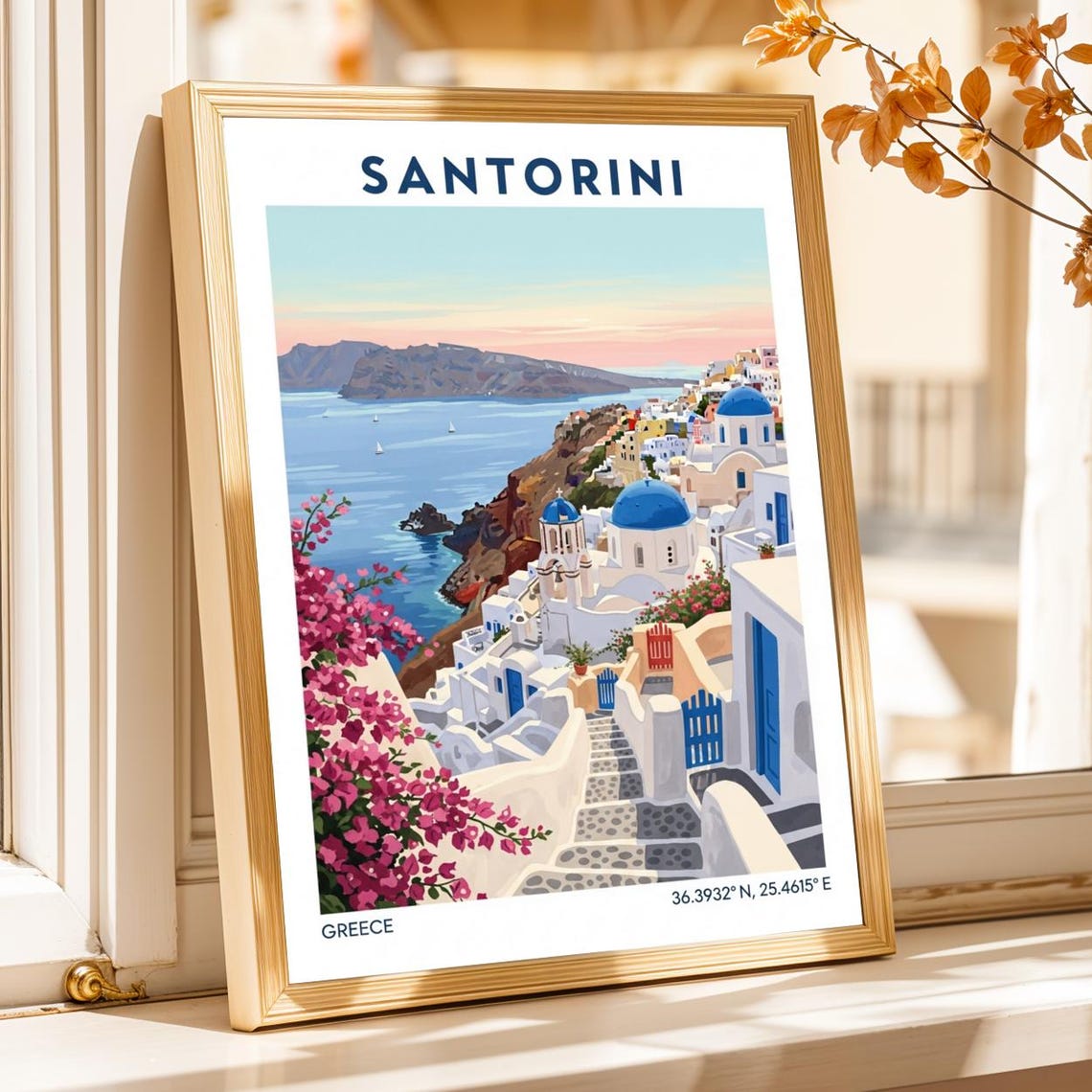 Santorini Greece Oia Village Blue Domes Aegean Travel Poster