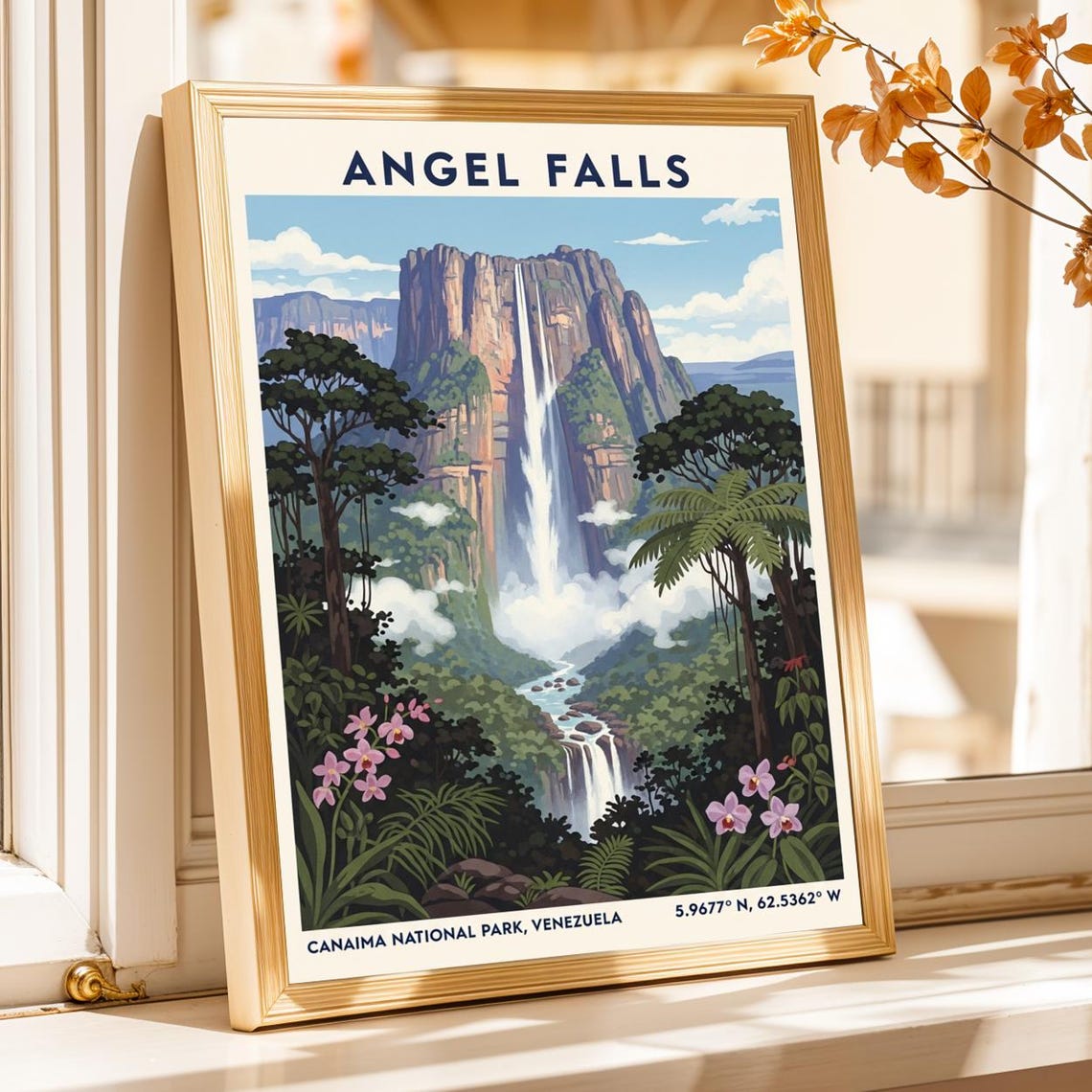 Angel Falls Venezuela Travel Poster Waterfall Jungle Orchids Art