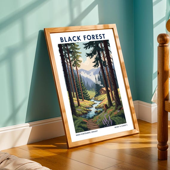 Black Forest Cabin Gouache Landscape Poster Contemporary Nature Art