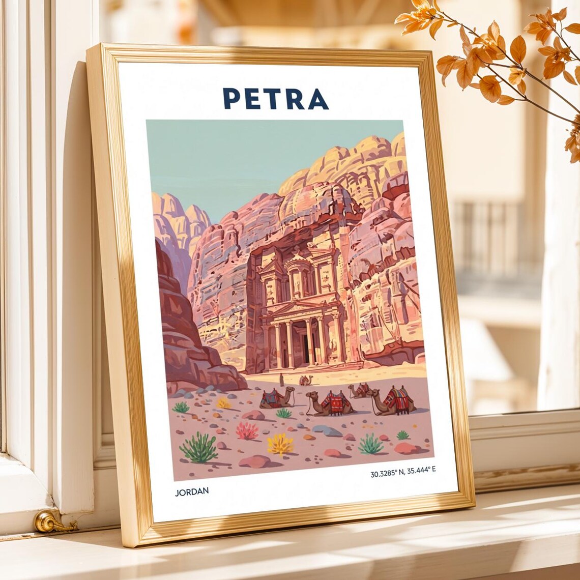 Petra Jordan Treasury Camels Vintage Rose Gouache Travel Poster