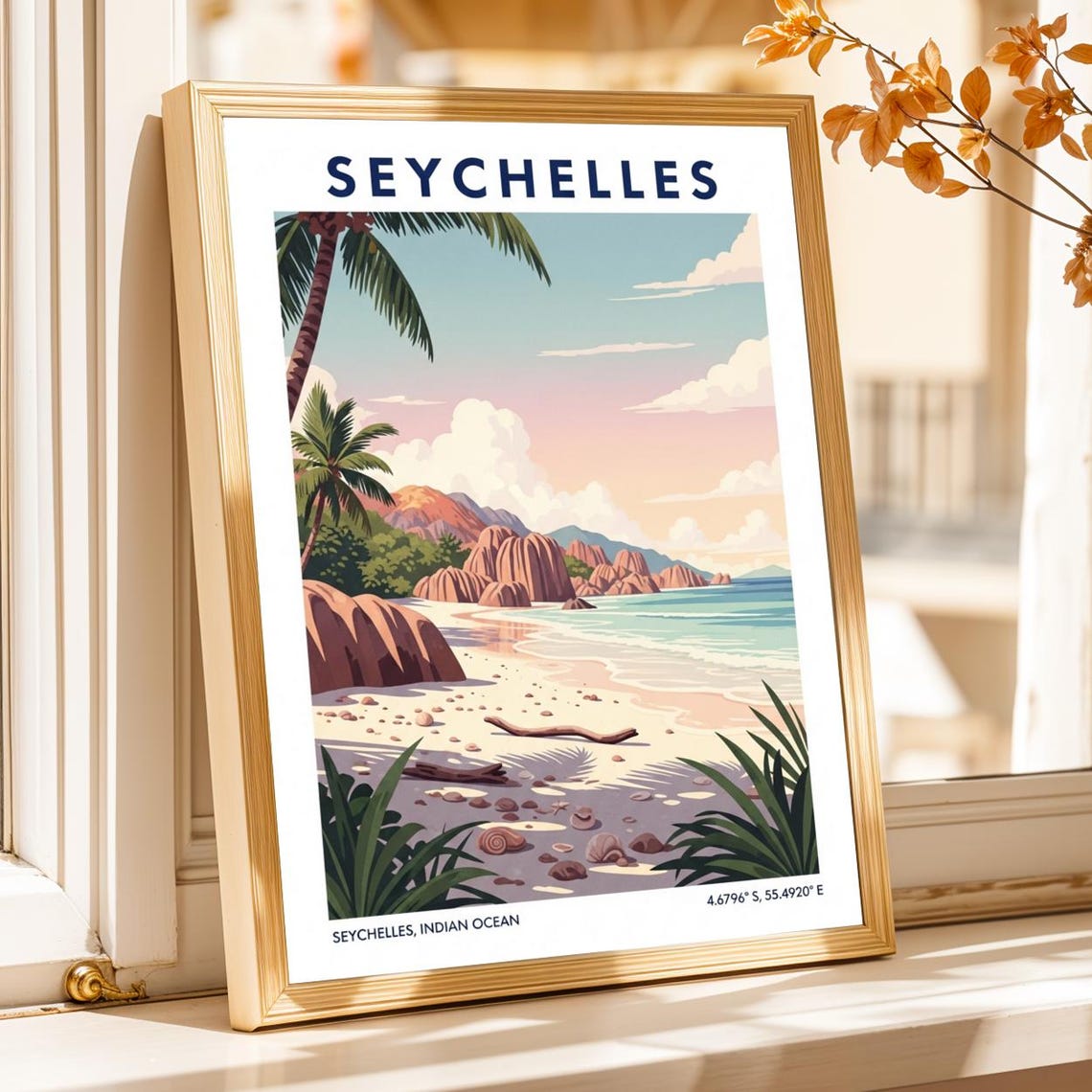 Seychelles Indian Ocean Granite Boulders Beach Travel Poster