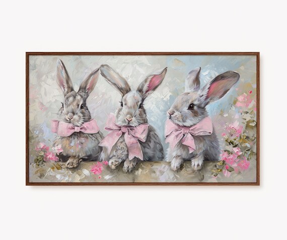 Easter Bunny Trio Pink Bows Spring Rabbit Painting Decor Poster