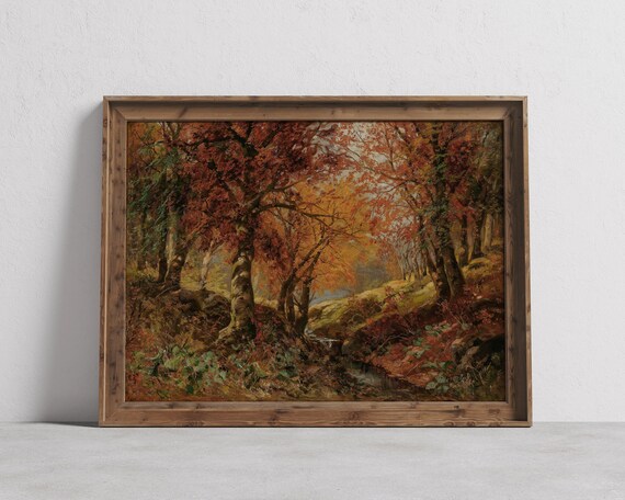Golden Autumn Forest With Falling Red Leaves Oil Painting Poster