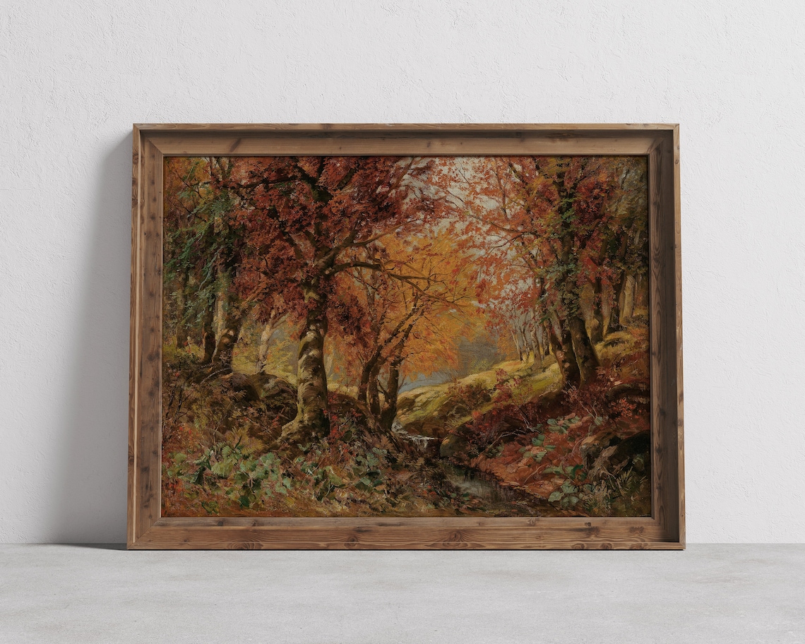 Golden Autumn Forest With Falling Red Leaves Oil Painting Poster
