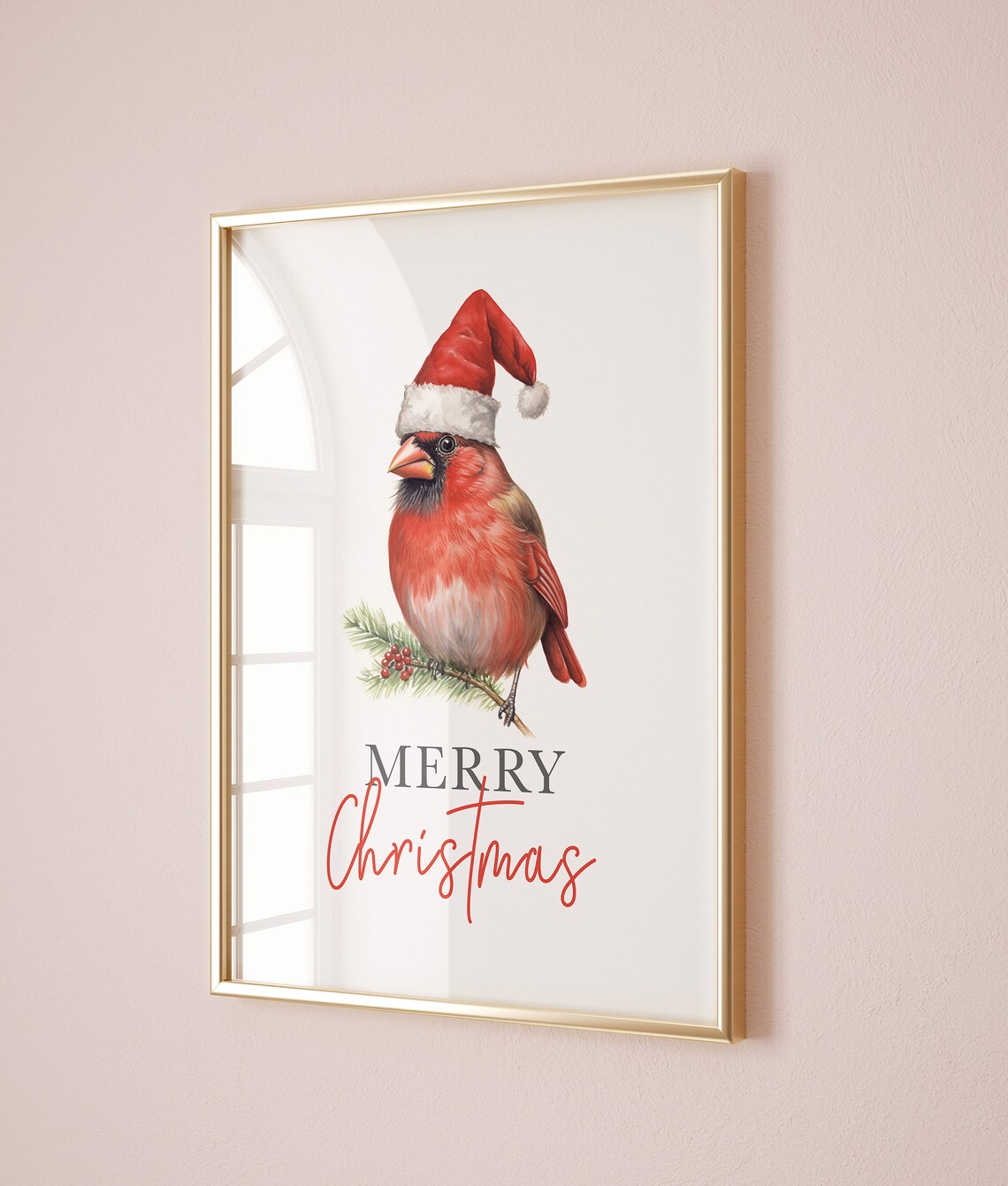 Merry Christmas Red Cardinal Santa Hat Bird Holiday Art Print