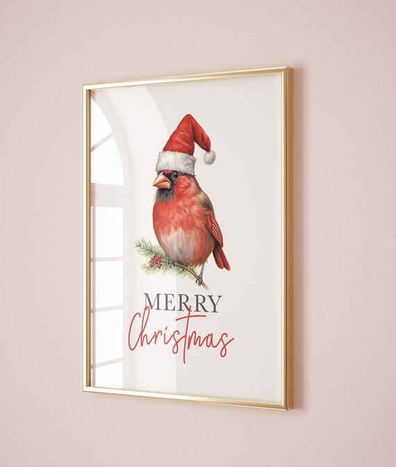Merry Christmas Red Cardinal Santa Hat Bird Holiday Art Print