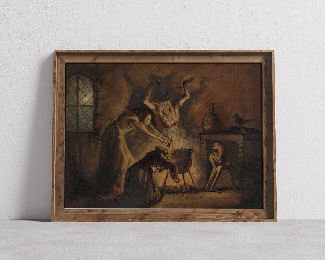 Three Witches Around Cauldron Dark Vintage Oil Painting Poster