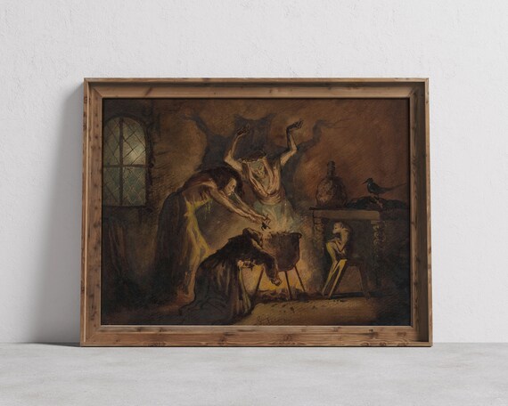 Three Witches Around Cauldron Dark Vintage Oil Painting Poster