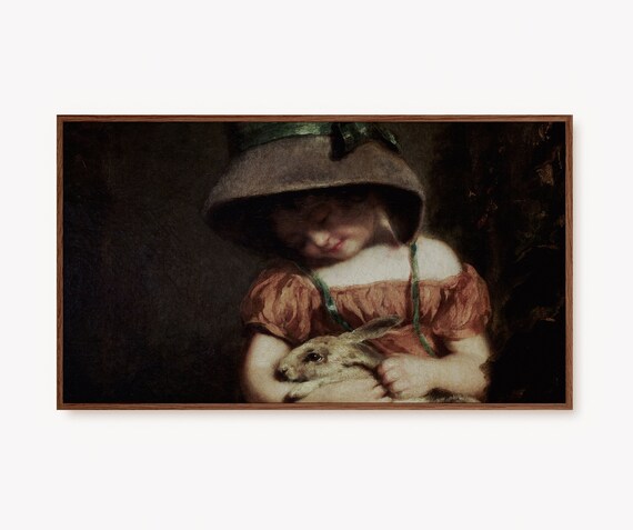 Vintage Child With a Bunny Rabbit in a Bonnet Easter Painting Poster