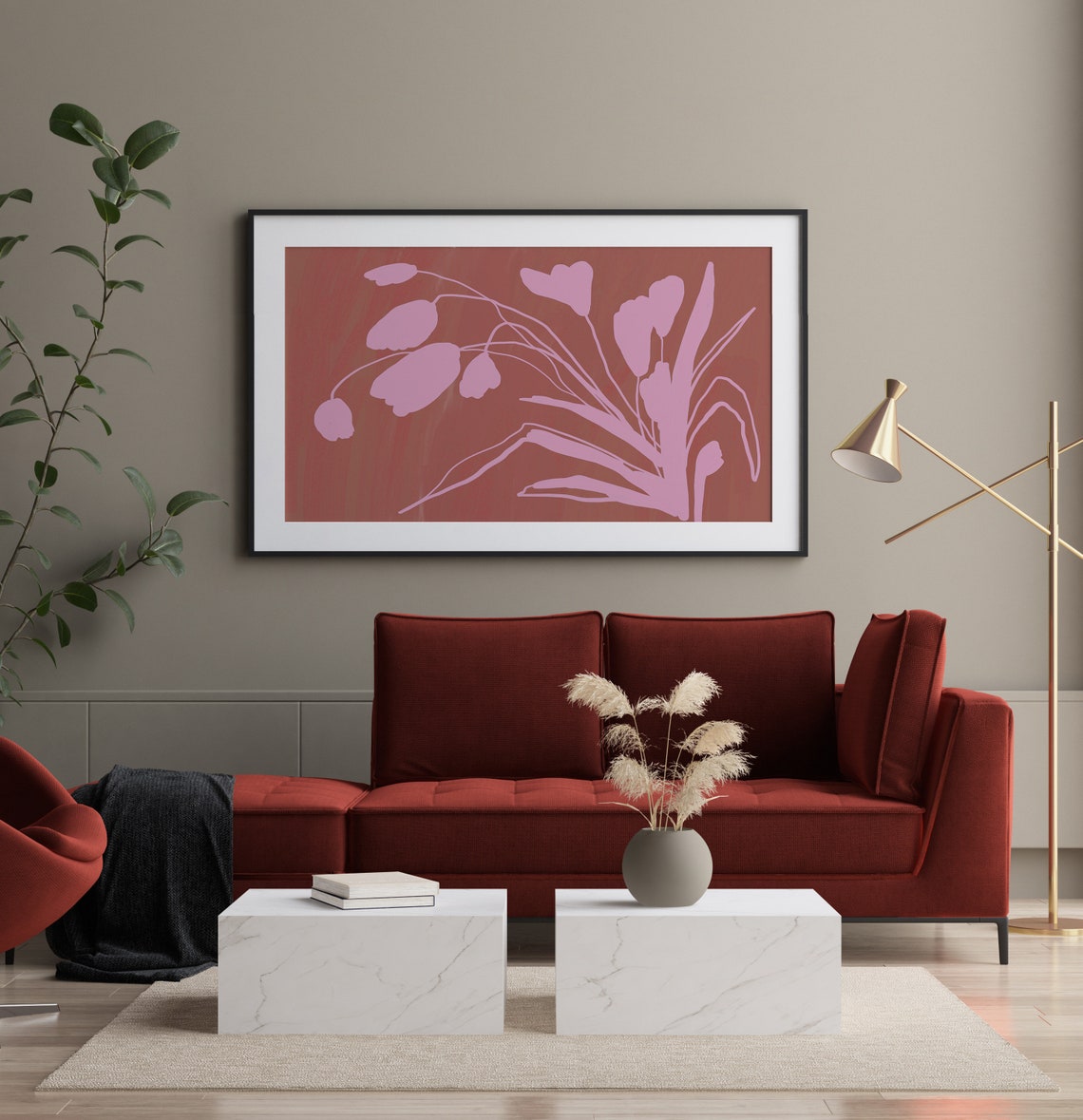 Pink Floral Silhouette Terracotta Botanical Modern Spring Wall Art - Image 2