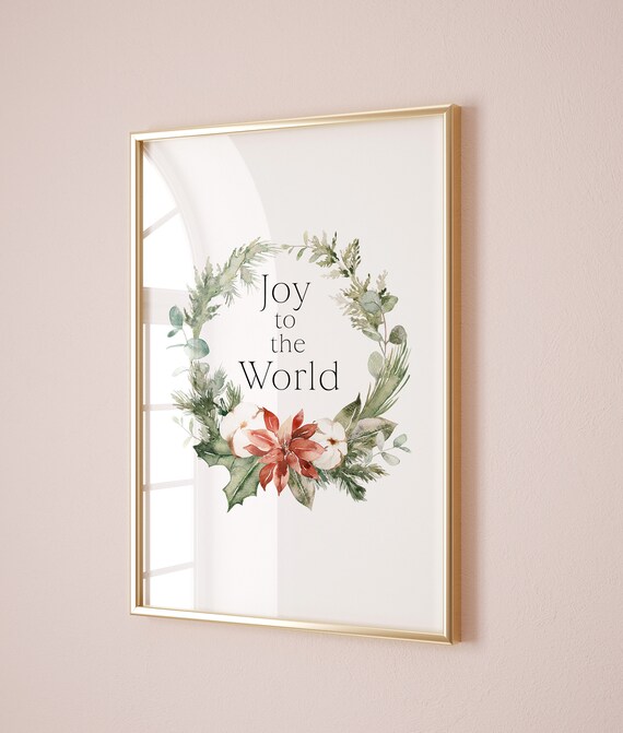 Joy To The World Christmas Wreath Poinsettia Watercolor Print