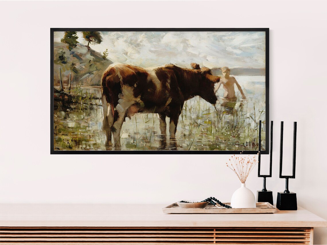 Antique Cow At Lakeside Vintage Oil Painting Cottagecore Print