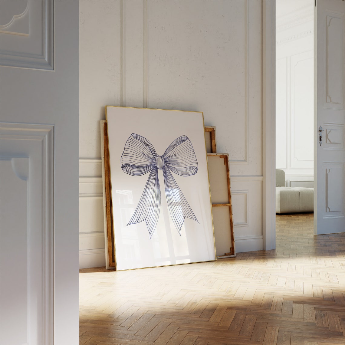 Navy Blue Striped Bow Ribbon Line Art Minimalist Nursery Poster - Image 2