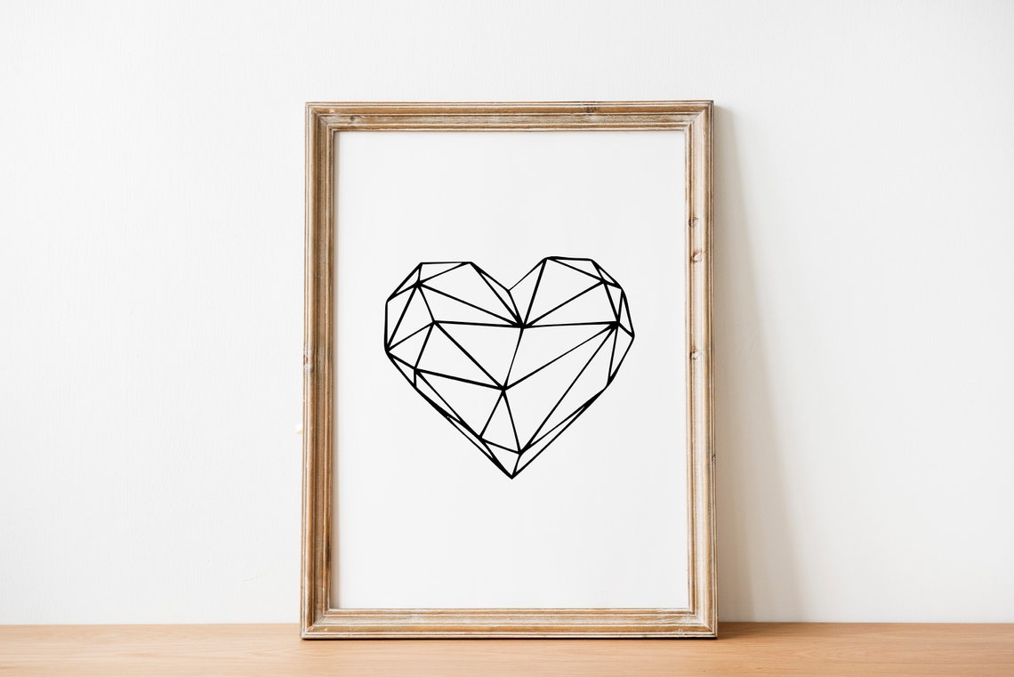 Minimalist Geometric Faceted Heart Line Art Black and White Poster - Image 2