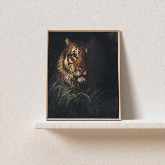 Dark Moody Tiger Portrait Vintage Wildlife Oil Painting Poster