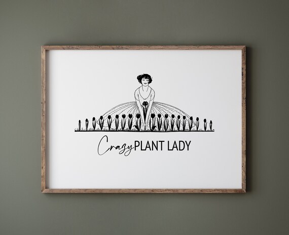 Crazy Plant Lady Vintage Line Art Botanical Humor Gift Poster