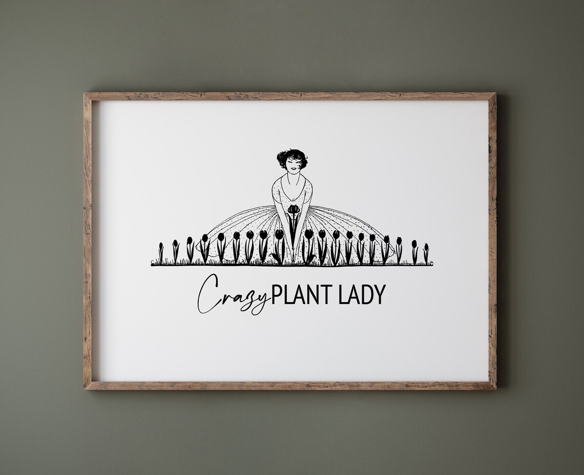 Crazy Plant Lady Vintage Line Art Botanical Humor Gift Poster