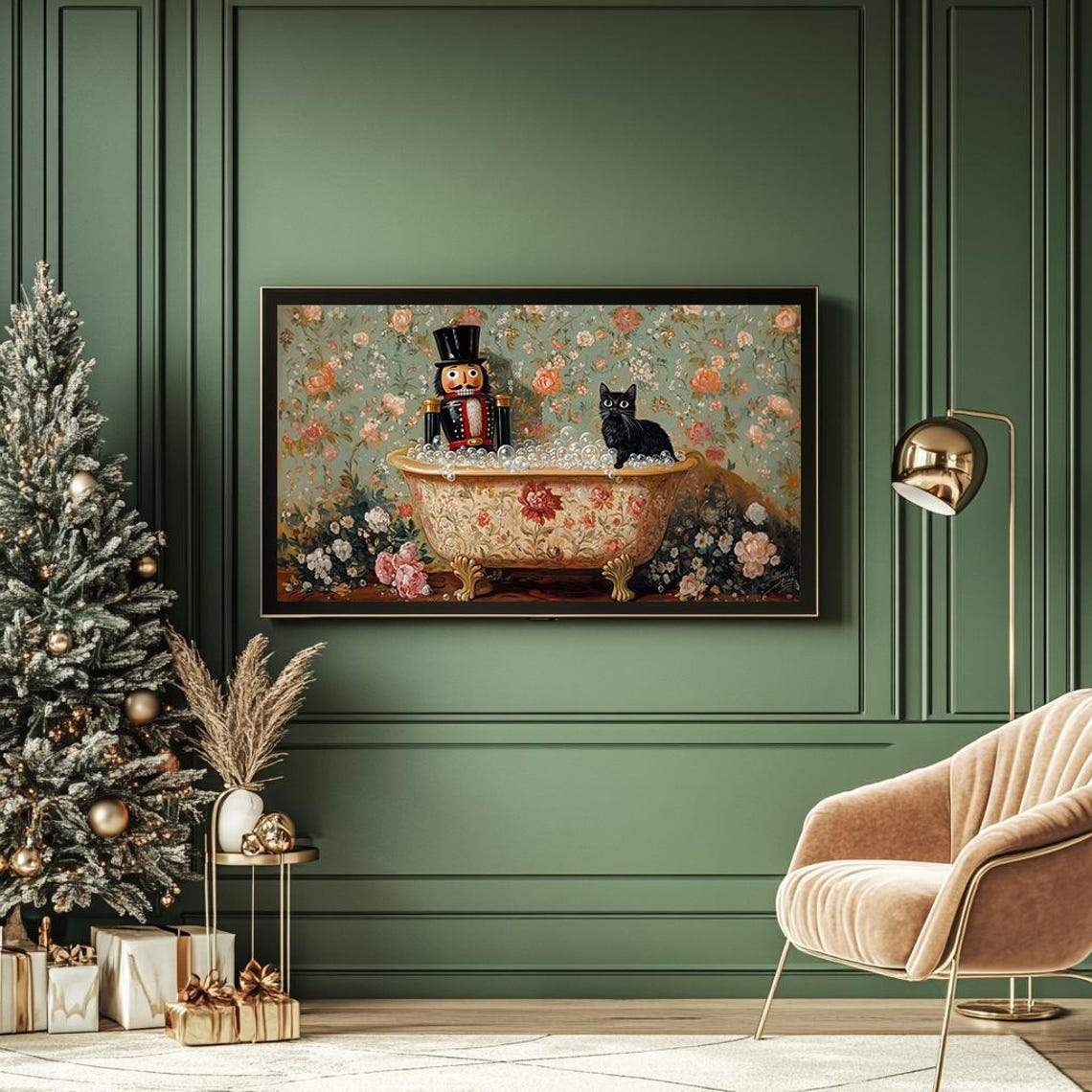 Nutcracker And Black Cat Bubble Bath Christmas Floral Art Poster - Image 2