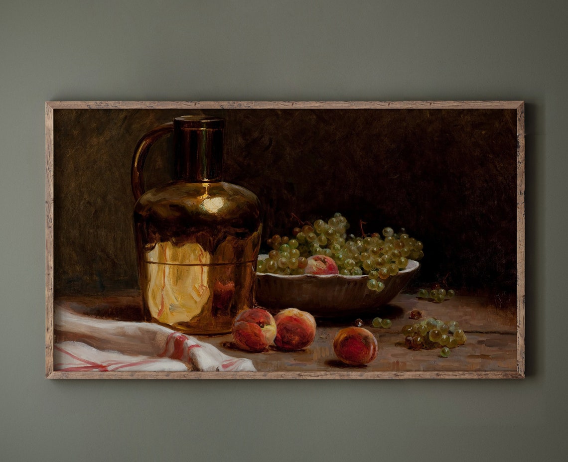 Golden Jug with Grapes and Peaches Rustic Still Life Art Poster - Image 2